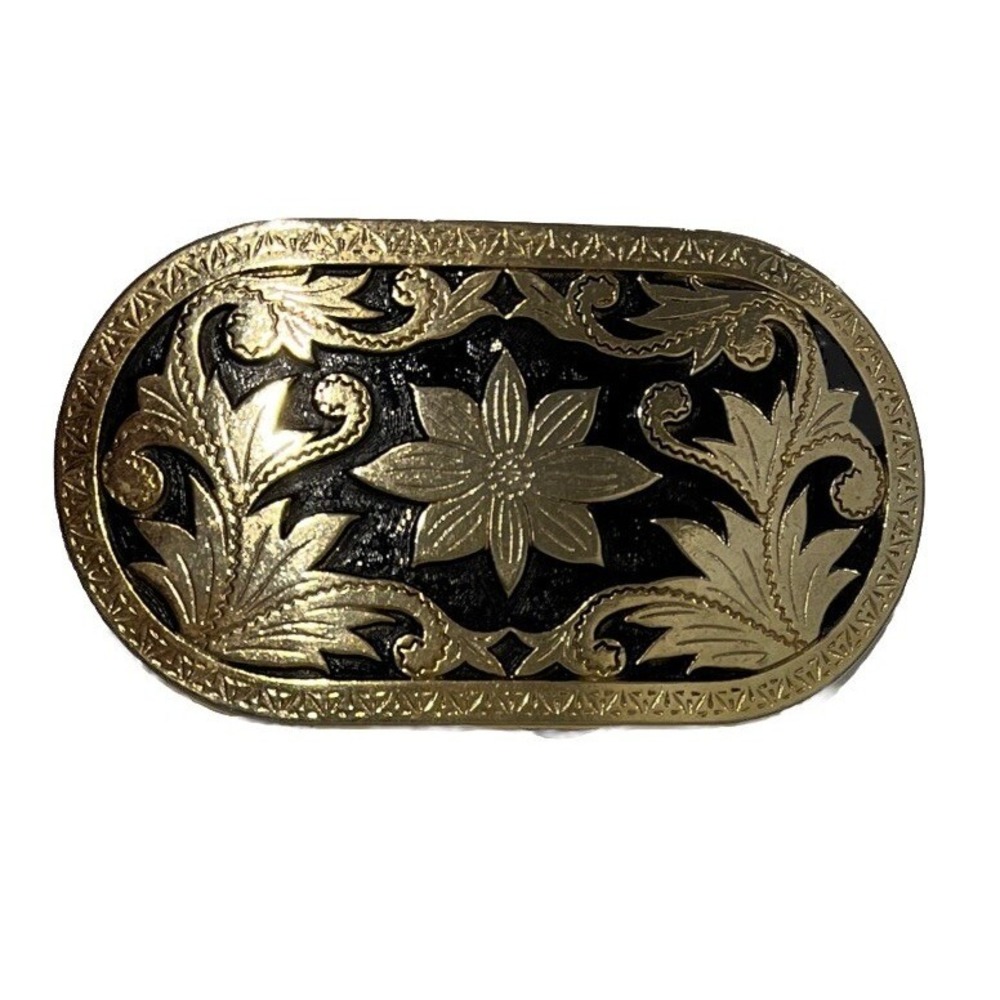 Western Belt Buckle Cowgirl Oval Black Enamel Flower Scroll Ornate Gold Tone 3"